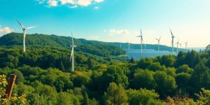 Peisaj verde cu turbine eoliene și panouri solare.