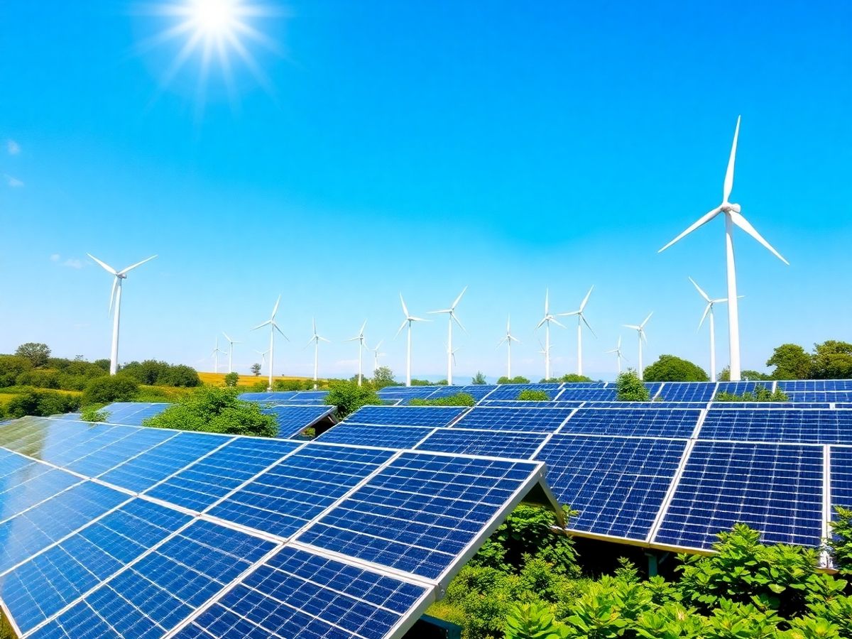 Peisaj cu panouri solare și turbine eoliene.