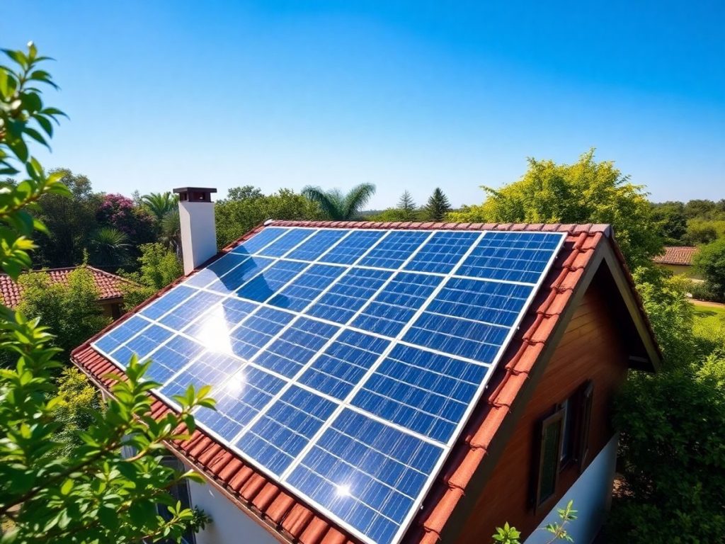 Avantajele implementării unui sistem fotovoltaic în 2025 1 Instalatie de panouri solare pe acoperis, soare stralucitor.
