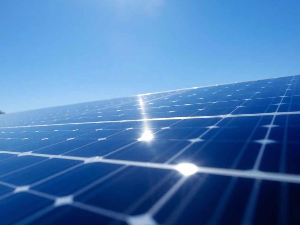 Beneficiile și Aplicațiile Energiei Solare în 2025 1 Panouri solare pe acoperișuri, cer senin, mult soare.