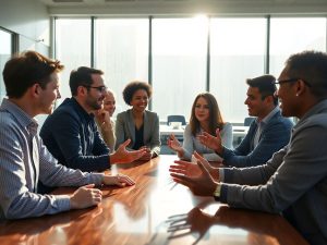 Oameni discutând politici publice la o masă rotundă.