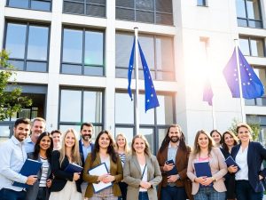 Oameni zâmbitori, clădire modernă, steaguri UE, arhitectură europeană.