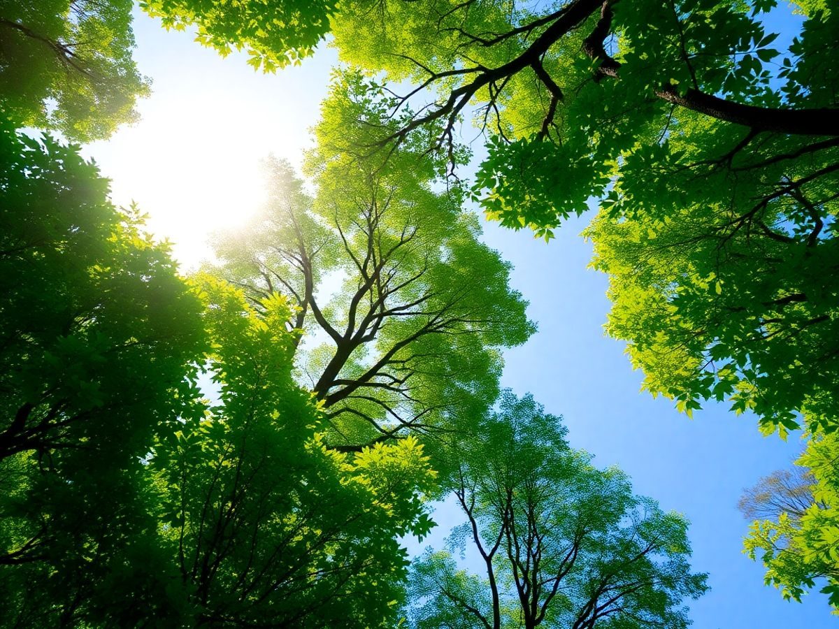 Planetă verde curată cu copaci sub cer senin.