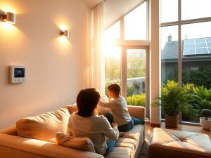 Casă modernă cu panouri solare pe acoperiş și becuri LED