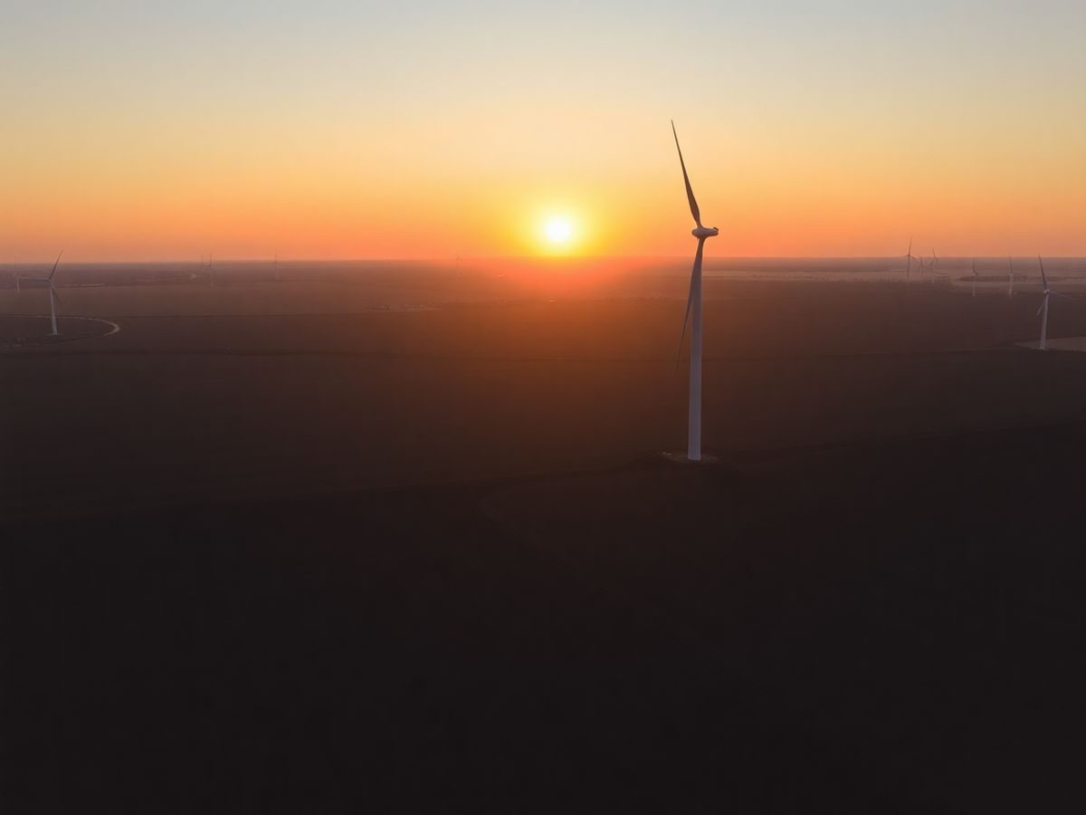 Turbine eoliană pe câmp, cu soare la apus.