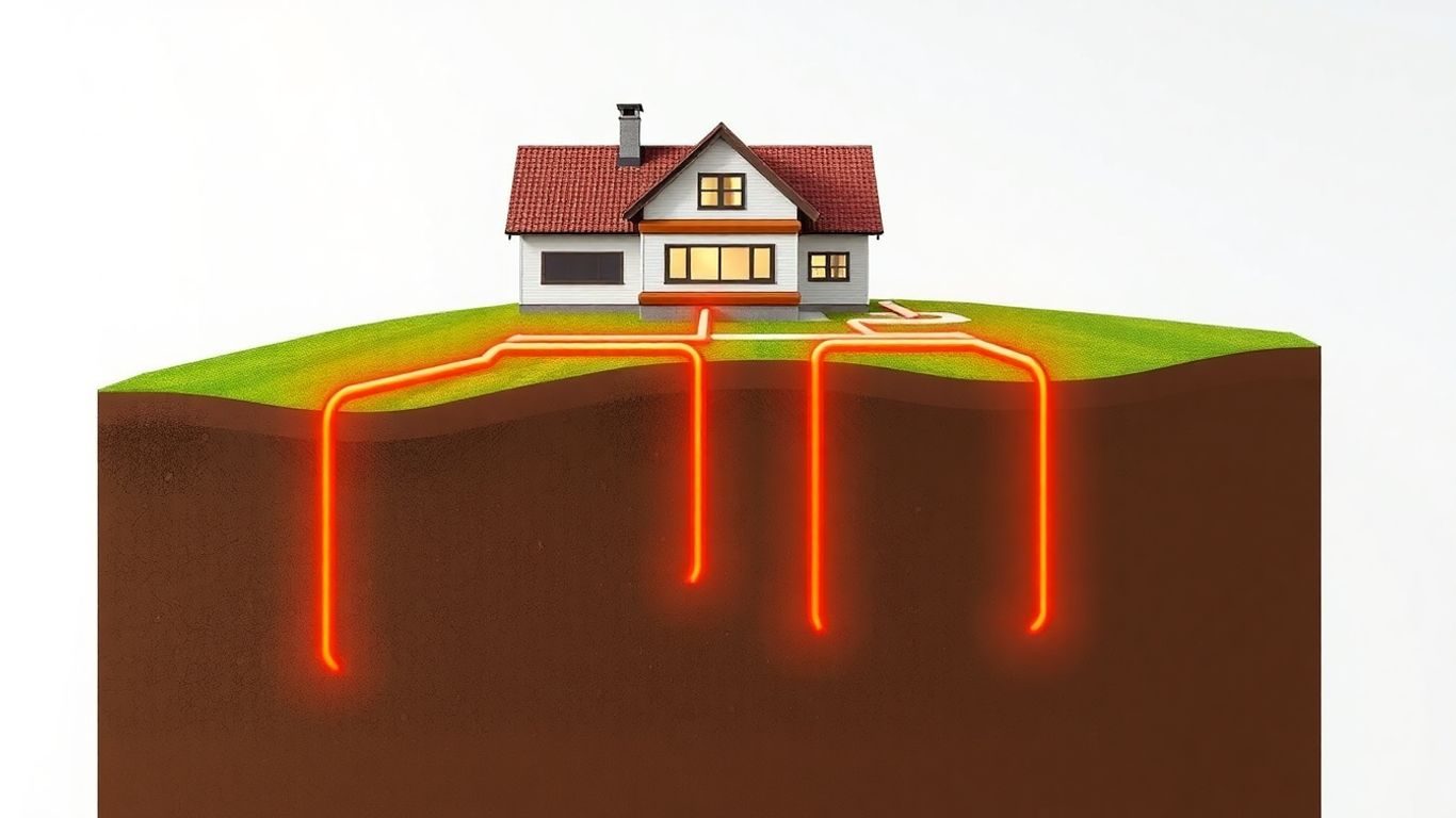 Căldură geotermală din pământ către o casă.