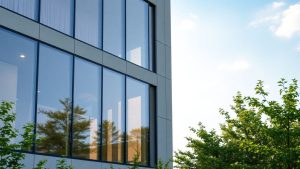 Ferestre fotovoltaice integrate într-o clădire modernă.