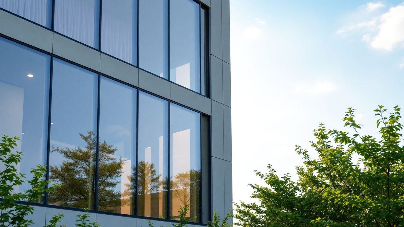 Ferestre fotovoltaice integrate într-o clădire modernă.