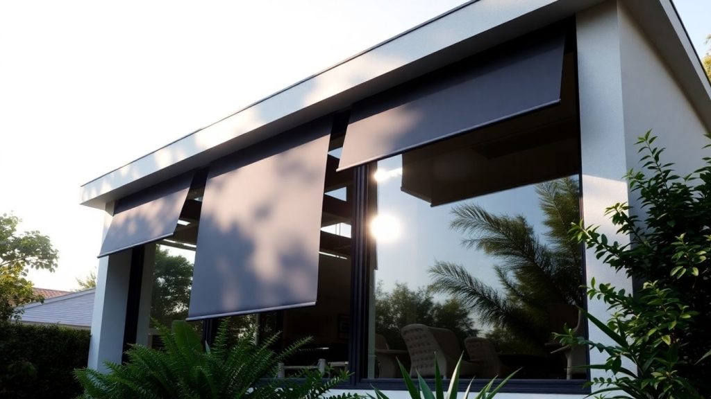 Sisteme inteligente de umbrire care reduc consumul cu până la 40% vara 1 Casa modernă cu jaluzele automate reducând lumina solară.