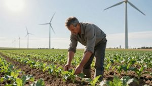 Câmp verde, turbine eoliene, fermier, tranziție energetică.